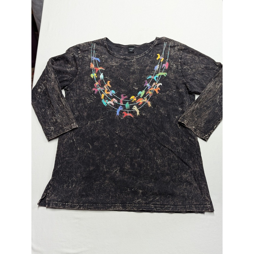 Sabaku Artwear Womens Small Horse Graphic Mineral Wash Long Sleeve Top Black